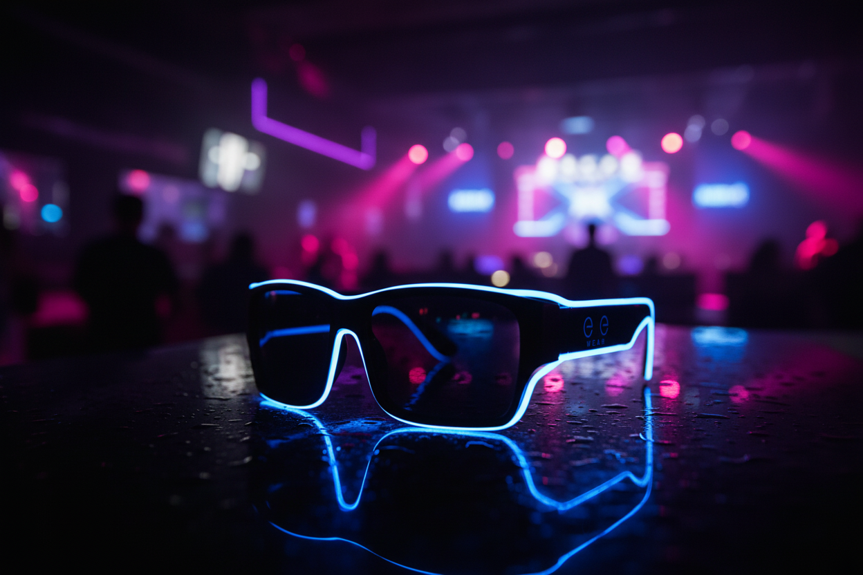 WIRELESS, BASS-ACTIVATED light up glasses in nightlife setting